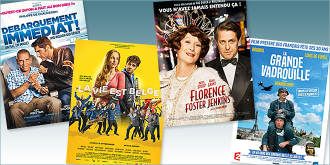 Toutes les sorties Comédie du 13 juillet 2016 : Débarquement immédiat !, Florence Foster Jenkins, La Vie est belge, La Grande vadrouille (Reprise).