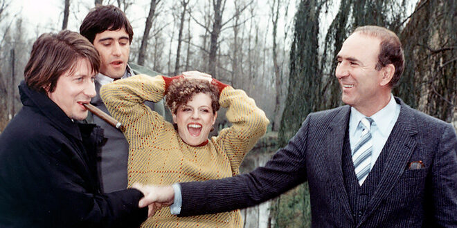 Jacques Dutronc, Gérard Lanvin, Anne Jousset et Jean-Pierre Marielle sur le tournage de L'Entourloupe (Gérard Pirès, 1980)