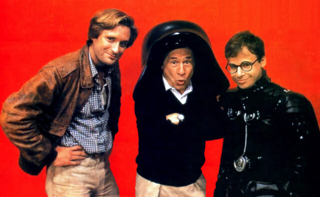 Bill Pullman, Mel Brooks et Rick Moranis durant la promotion de La Folle histoire de l'espace (1987)